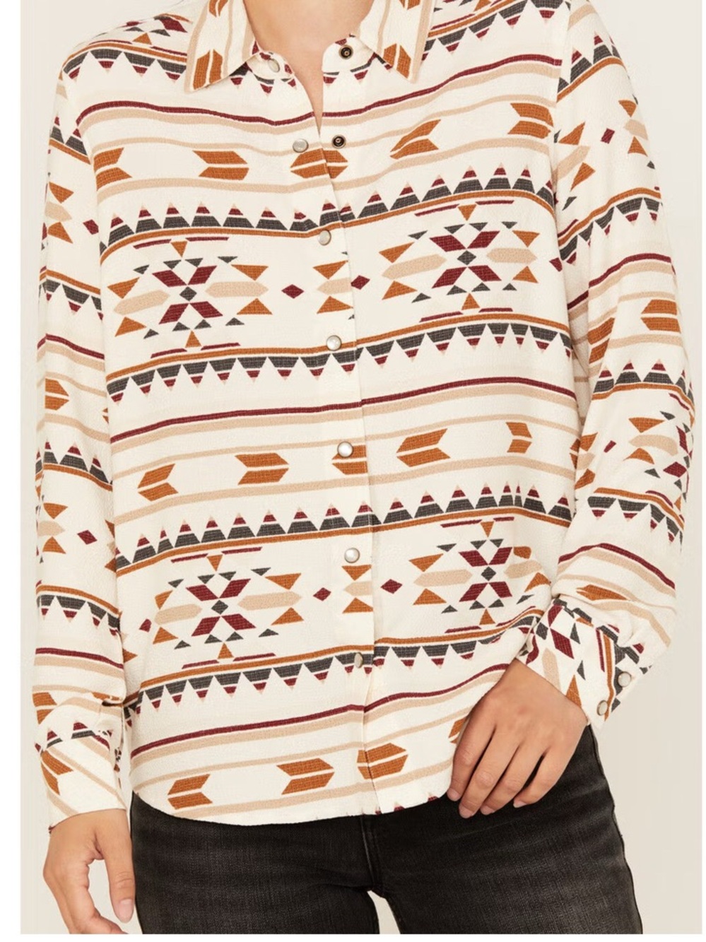 Idyllwind Cream Aztec-Pattern Pearl Snap Front Button-Down Shirt L